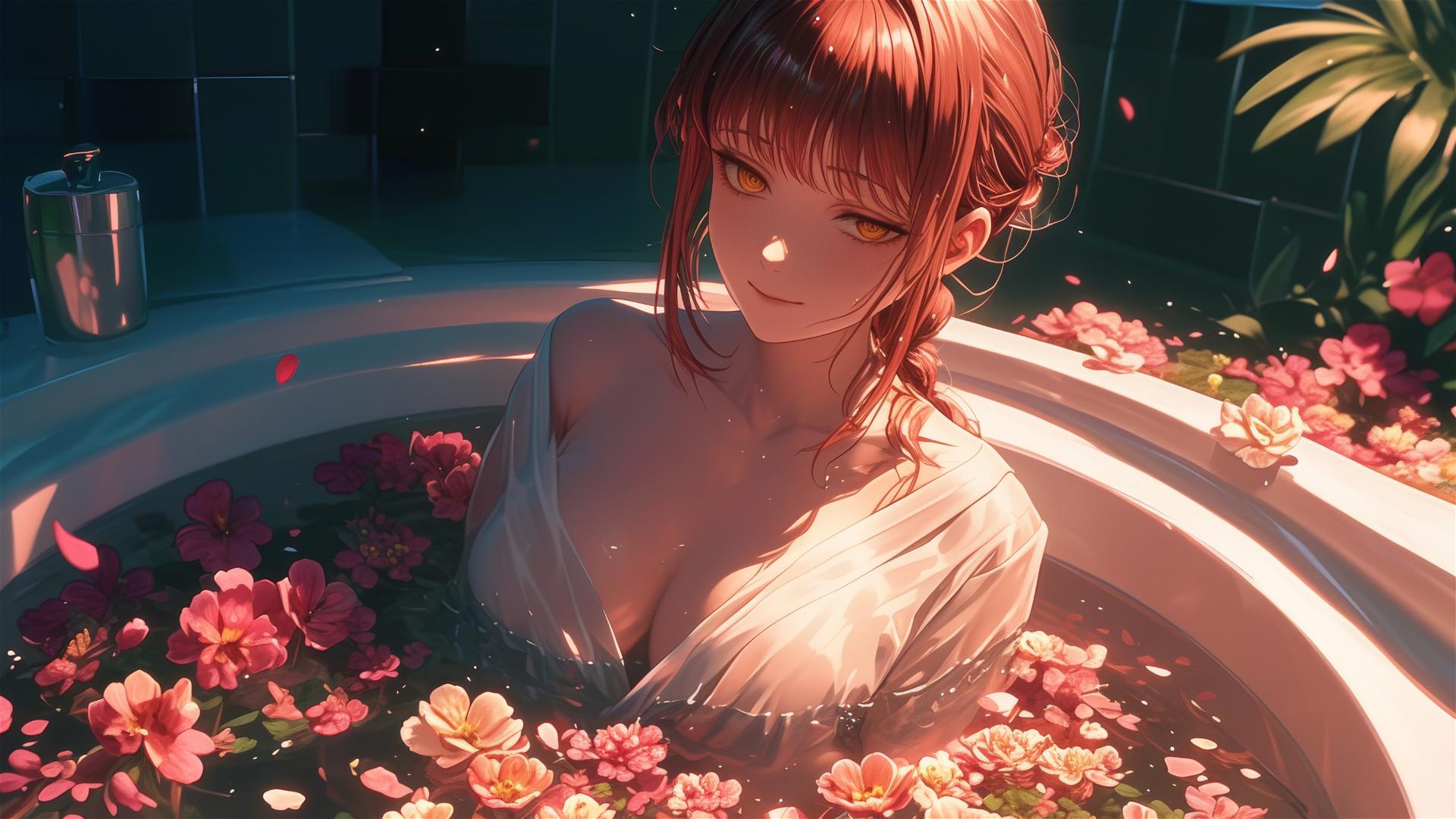 Makima from Chainsaw Man in a flower-filled tub in a Chinese spa