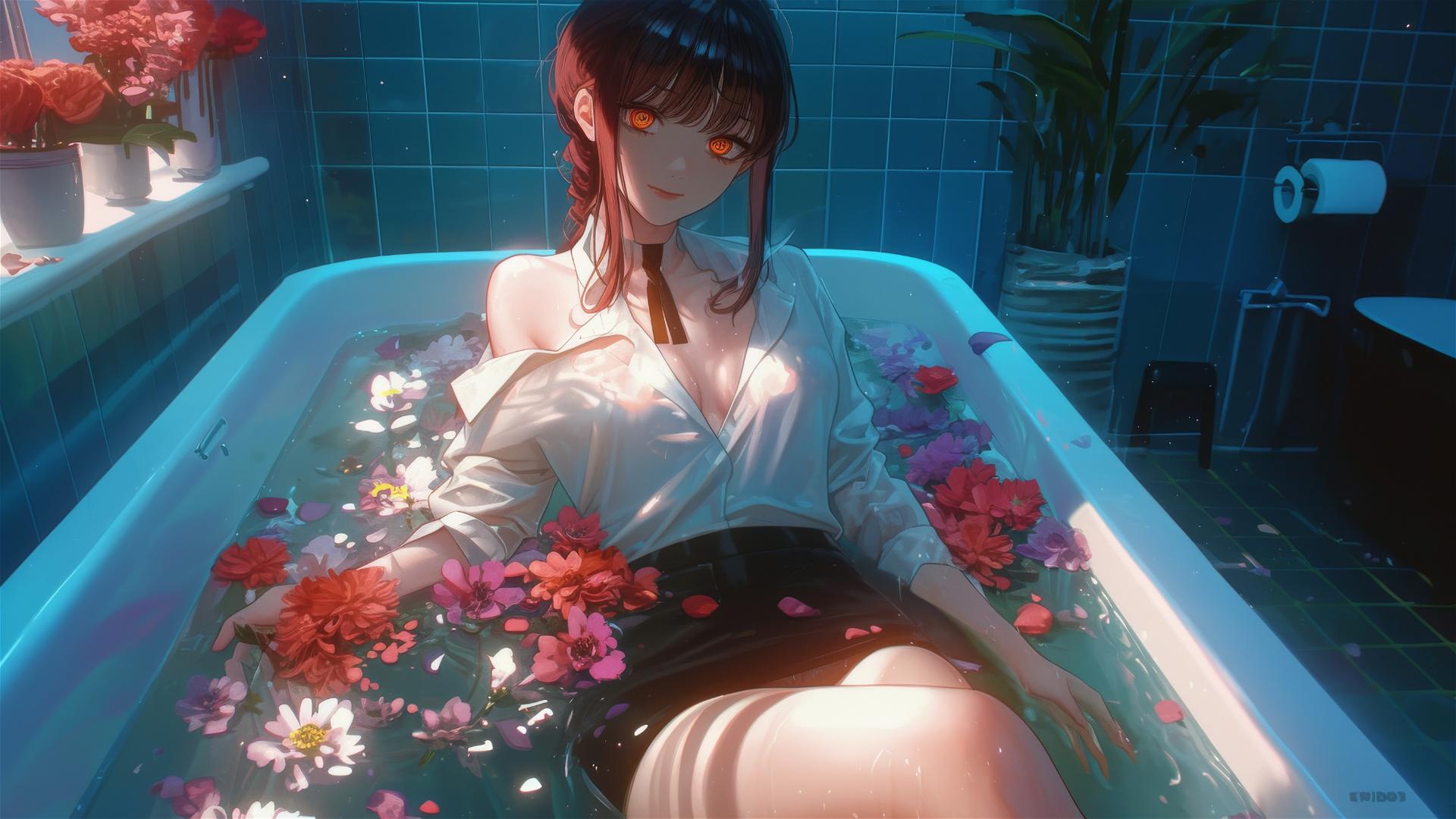 Makima from Chainsaw Man in a flower-filled tub at a Chinese spa