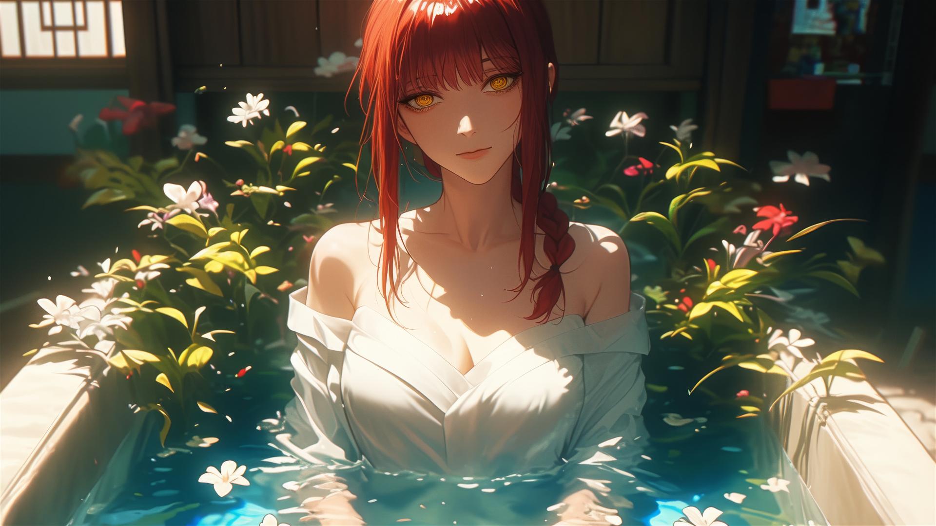 Makima from Chainsaw Man in flower-filled tub inside a Chinese spa