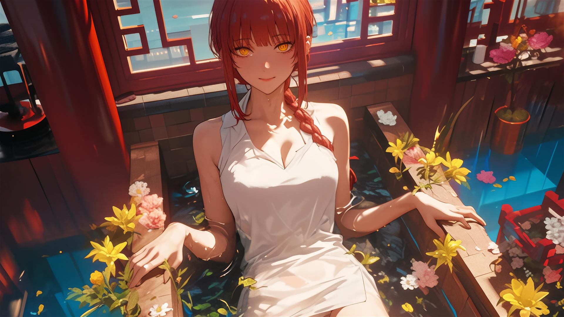 Makima from Chainsaw Man in a tub of flowers at a Chinese spa