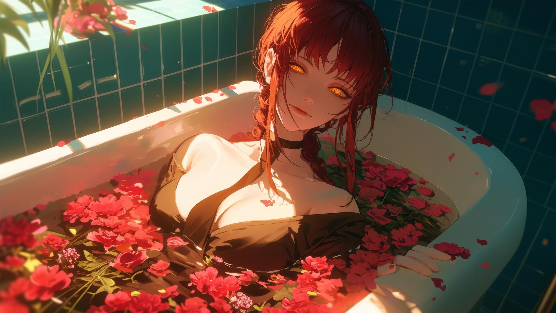 Makima from Chainsaw Man in a flower-filled tub, inside a Chinese spa
