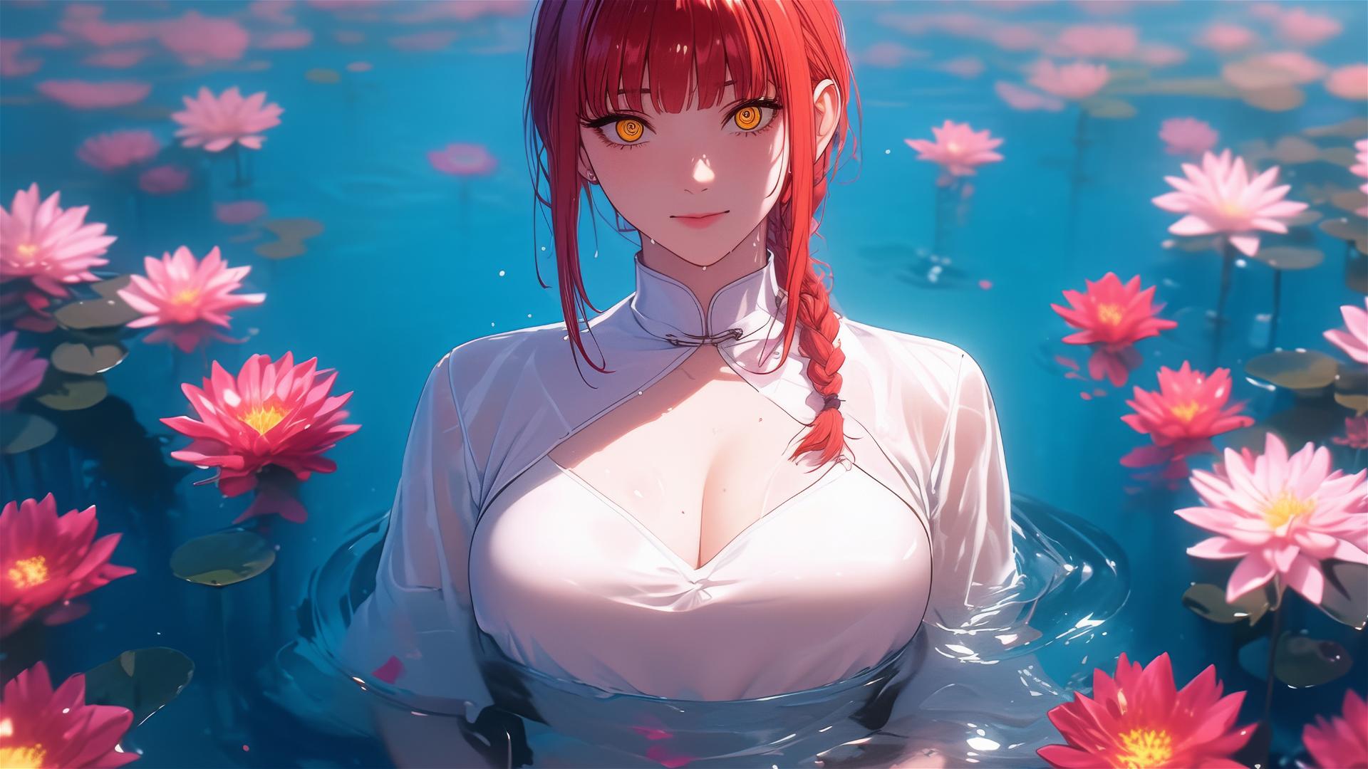 Makima from Chainsaw Man in a tub of flowers in a Chinese spa