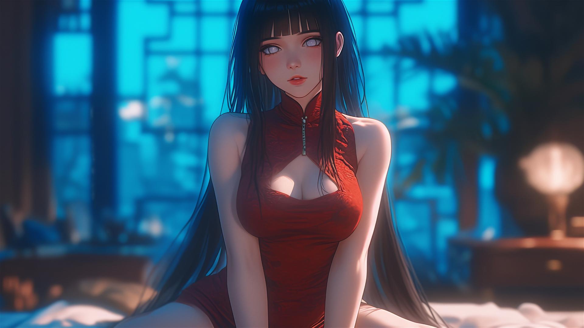 Hinata Hyuga from Naruto sitting at a modern hotel in a red dress with warm light.