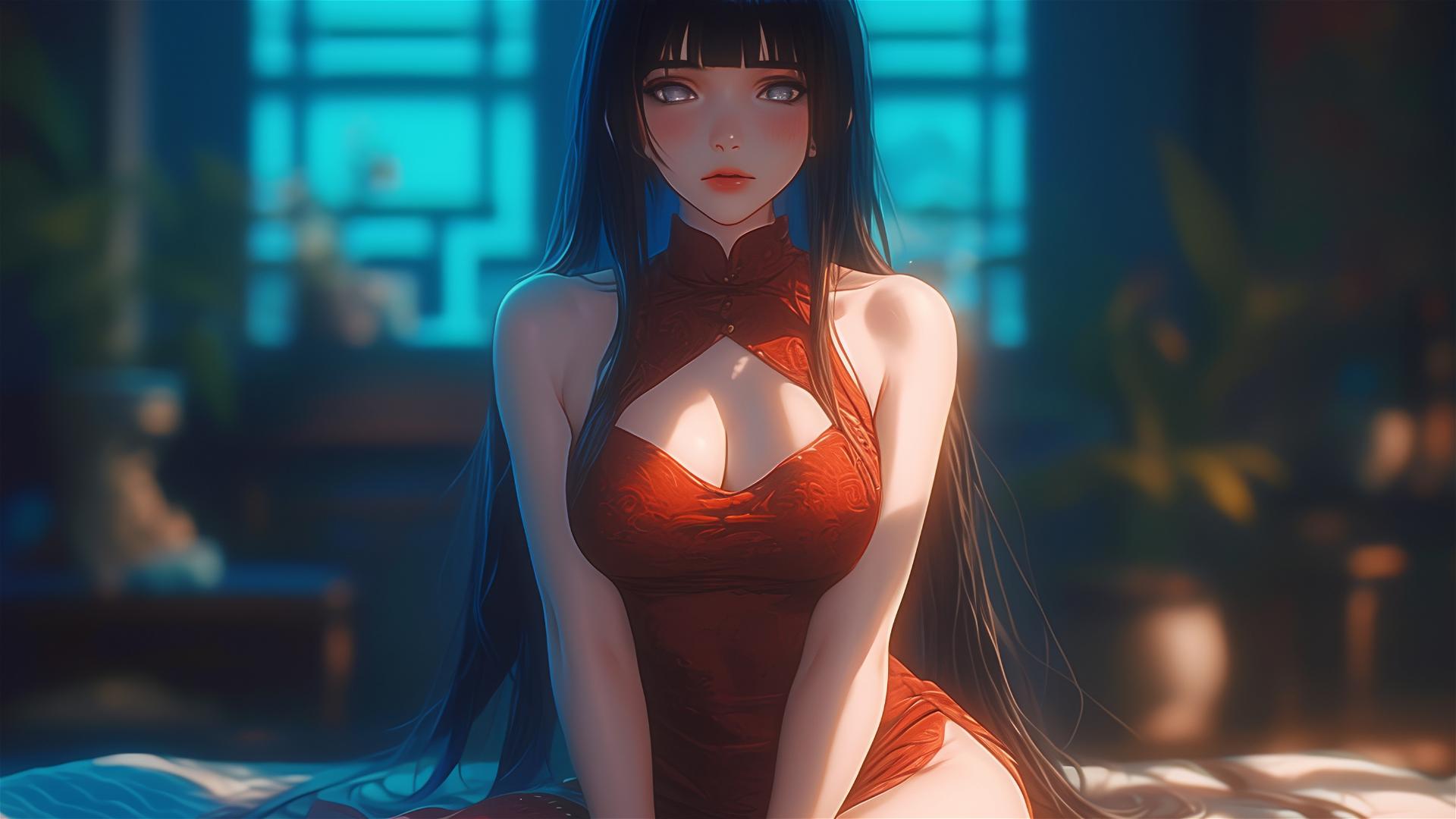 Hinata Hyuga from Naruto sitting in a modern hotel with warm lighting, wearing a red dress.