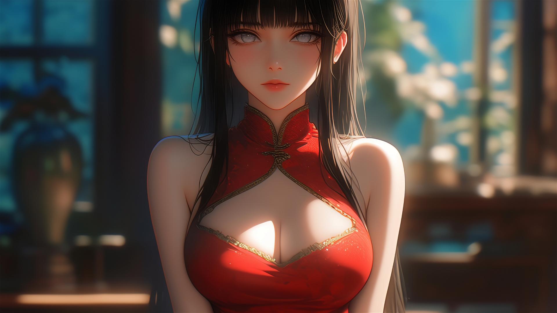 Hinata Hyuga sitting in a modern hotel with warm lighting, white eyes, and red dress.