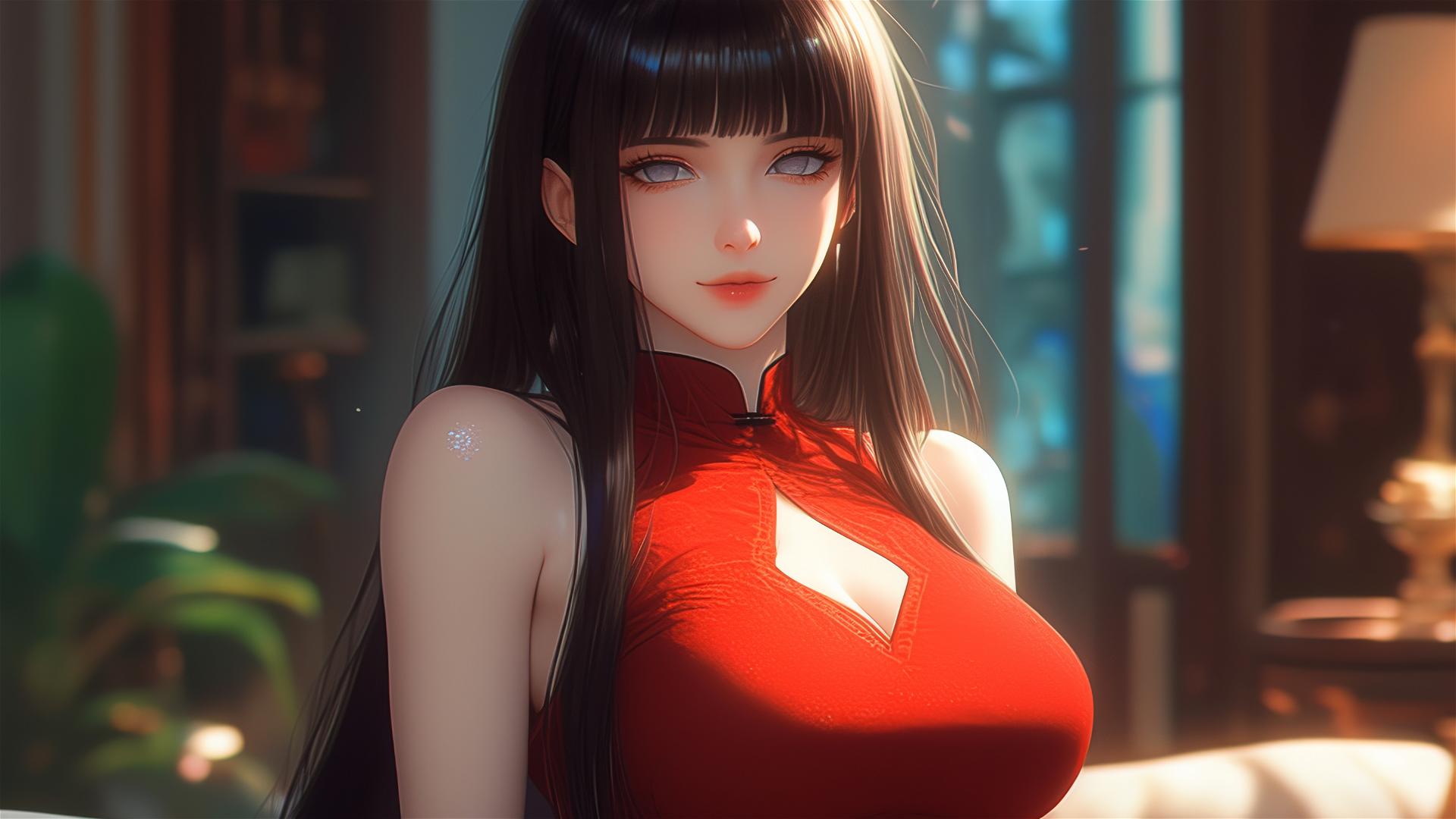 Hinata Hyuga from Naruto sitting in a modern hotel with warm light, white eyes, red dress.