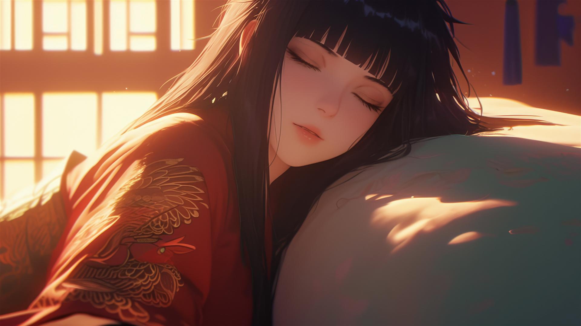 Hinata Hyuga resting at a modern hotel with soft warm light and white eyes.