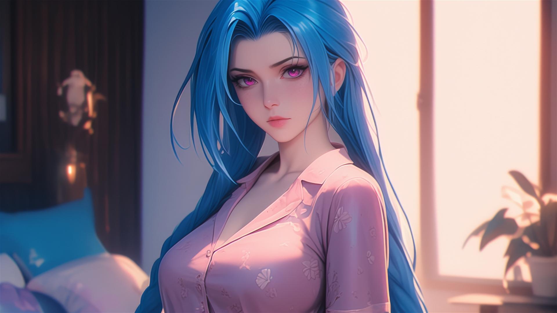 Jinx from League of Legends standing in an apartment with warm light, pink eyes, and blue hair.