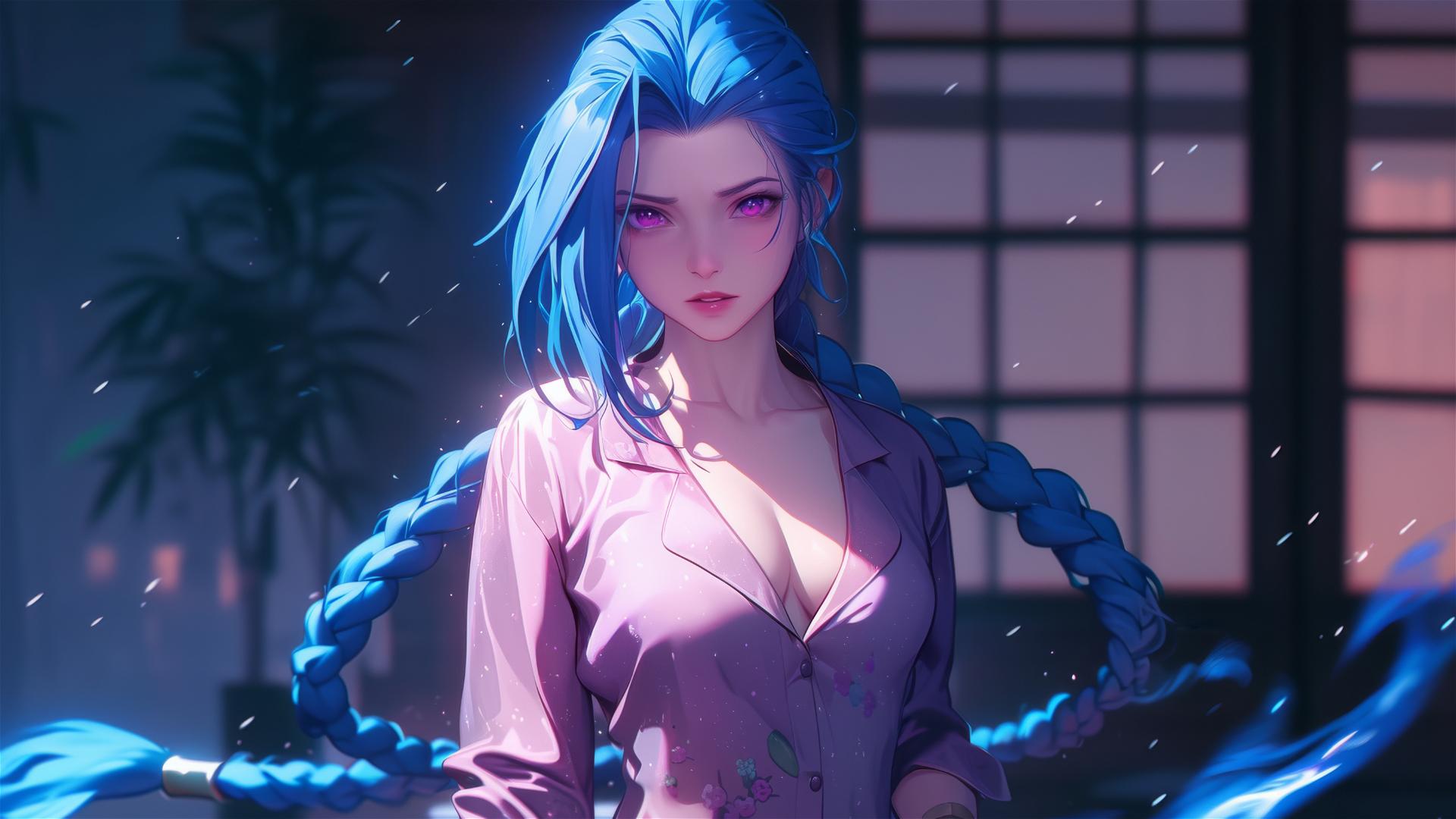 Jinx from League of Legends stands in an apartment bathed in moonlight