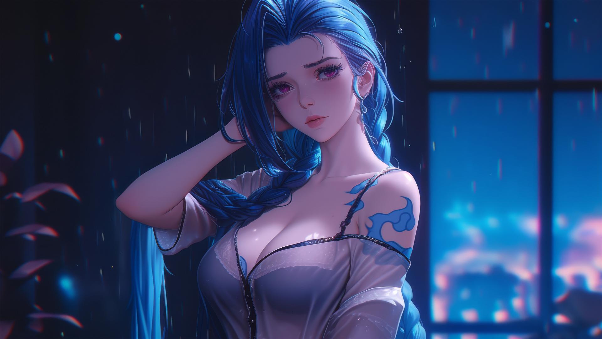 Jinx from League of Legends in silk pajamas, standing in moonlit apartment.