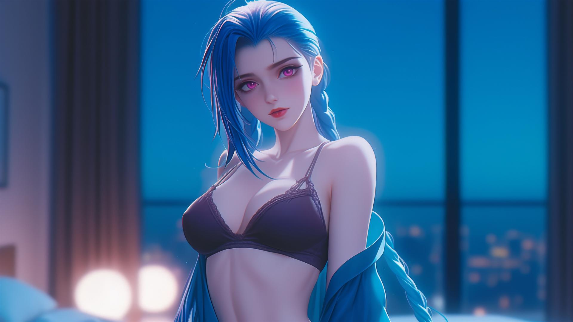 Jinx from League of Legends in silk pajamas, standing in moonlit apartment