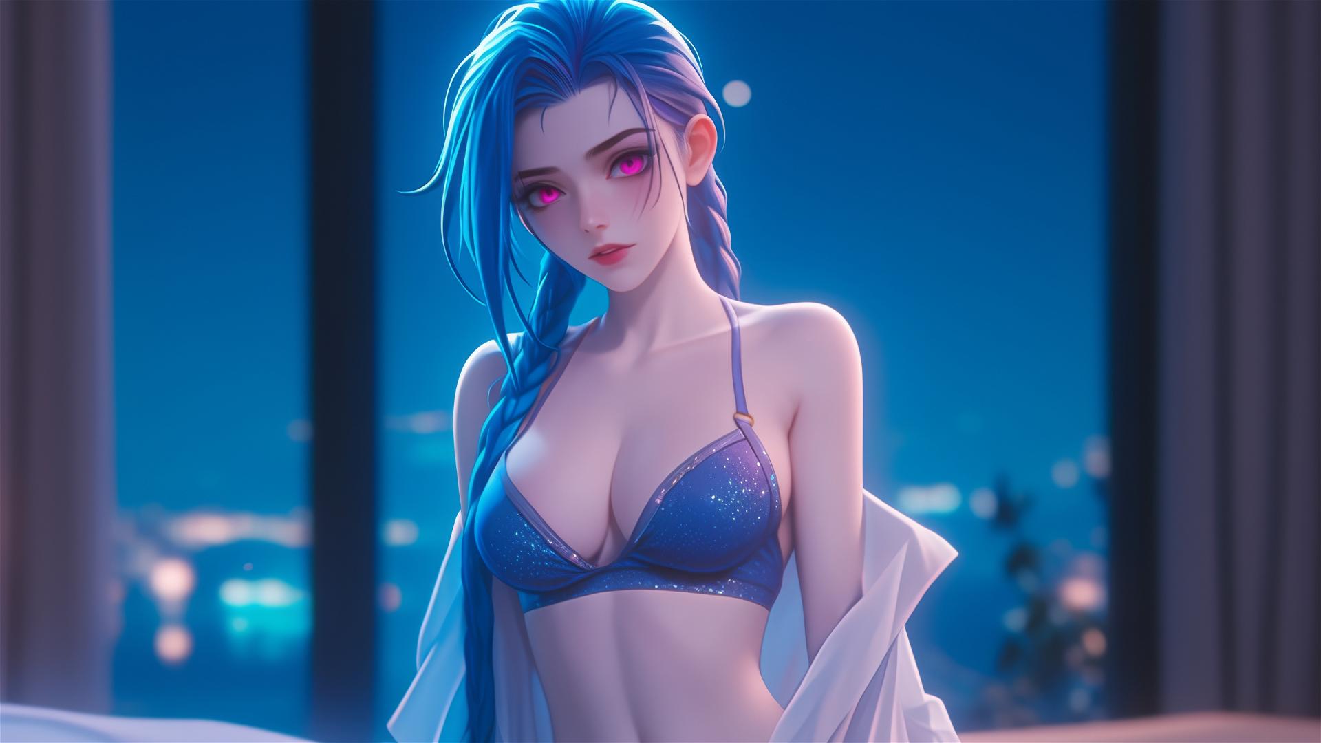 Jinx from League of Legends in silk pajamas, illuminated by moonlight