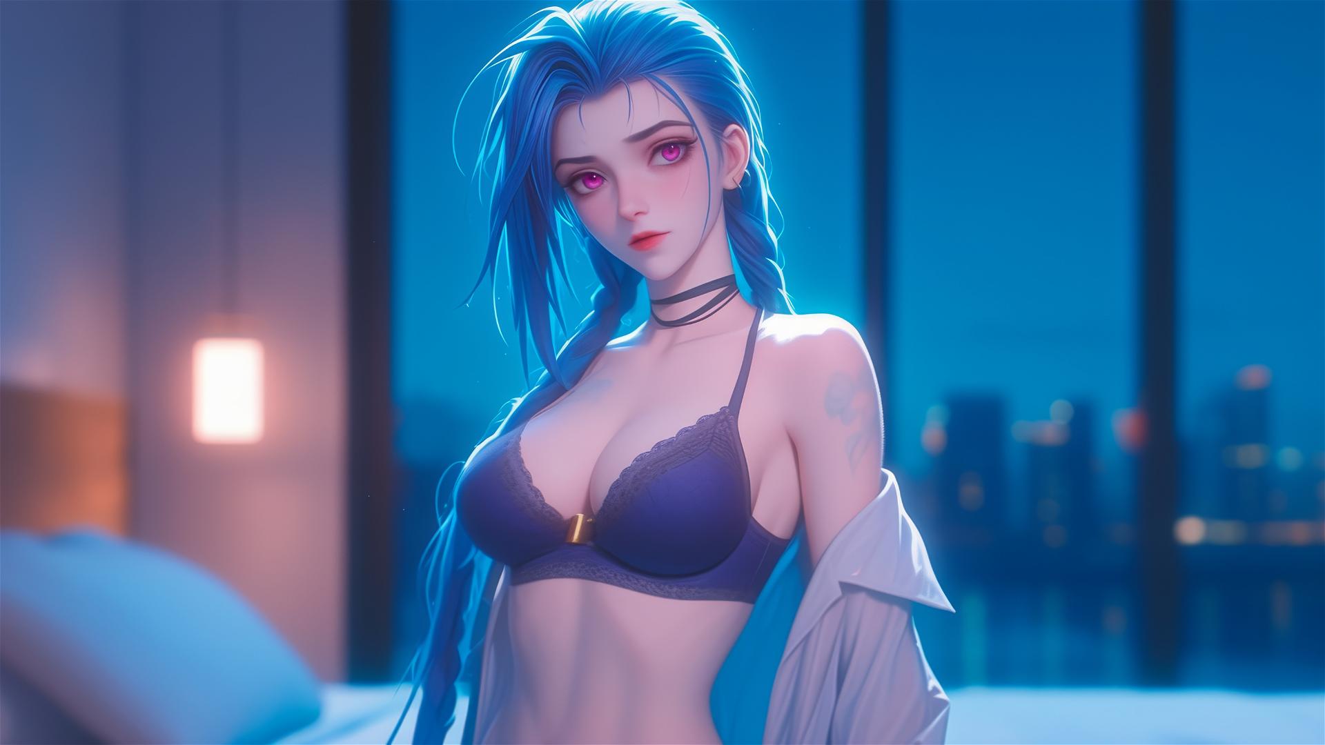 Jinx from League of Legends standing in an apartment under moonlight