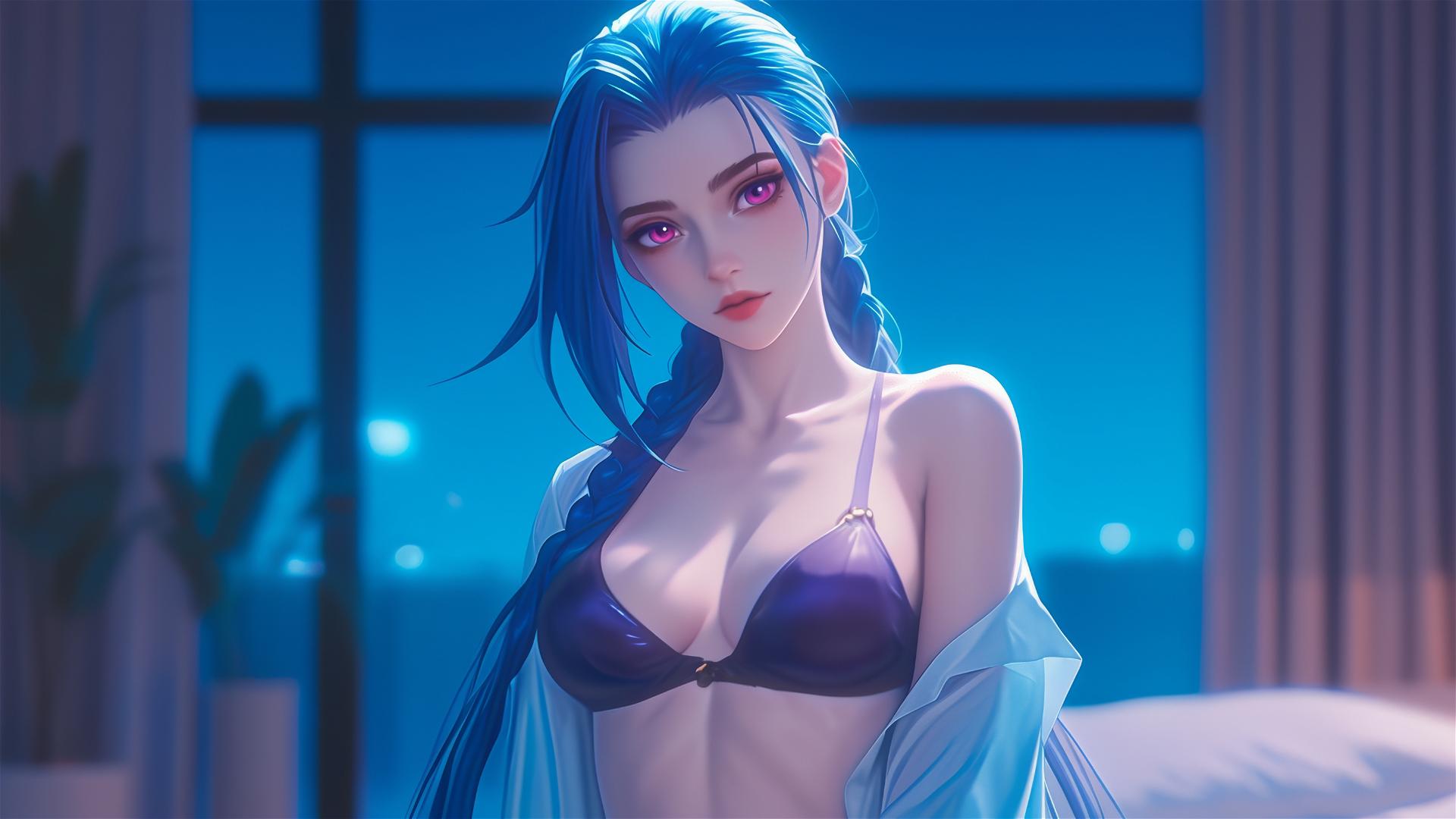 Jinx from League of Legends standing in an apartment, moonlit, with pink eyes, blue hair, and silk pajamas.