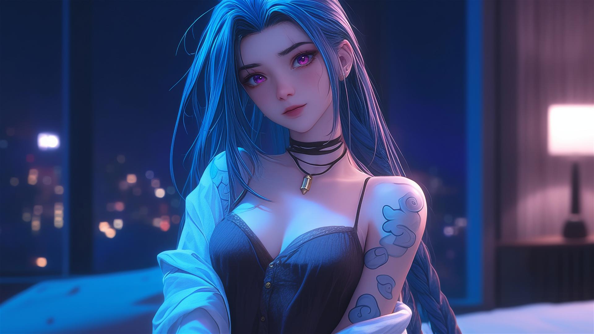 Jinx from League of Legends standing in apartment with moonlight, pink eyes, blue hair, silk pajamas
