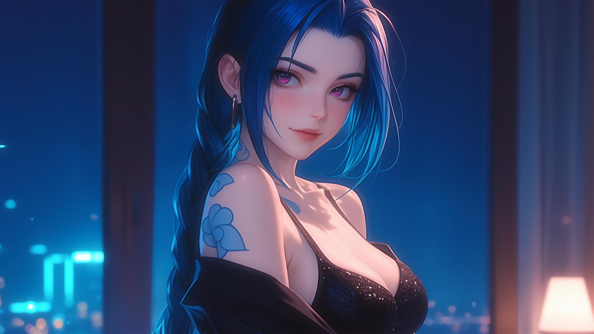 Jinx from League of Legends standing in apartment under moonlight