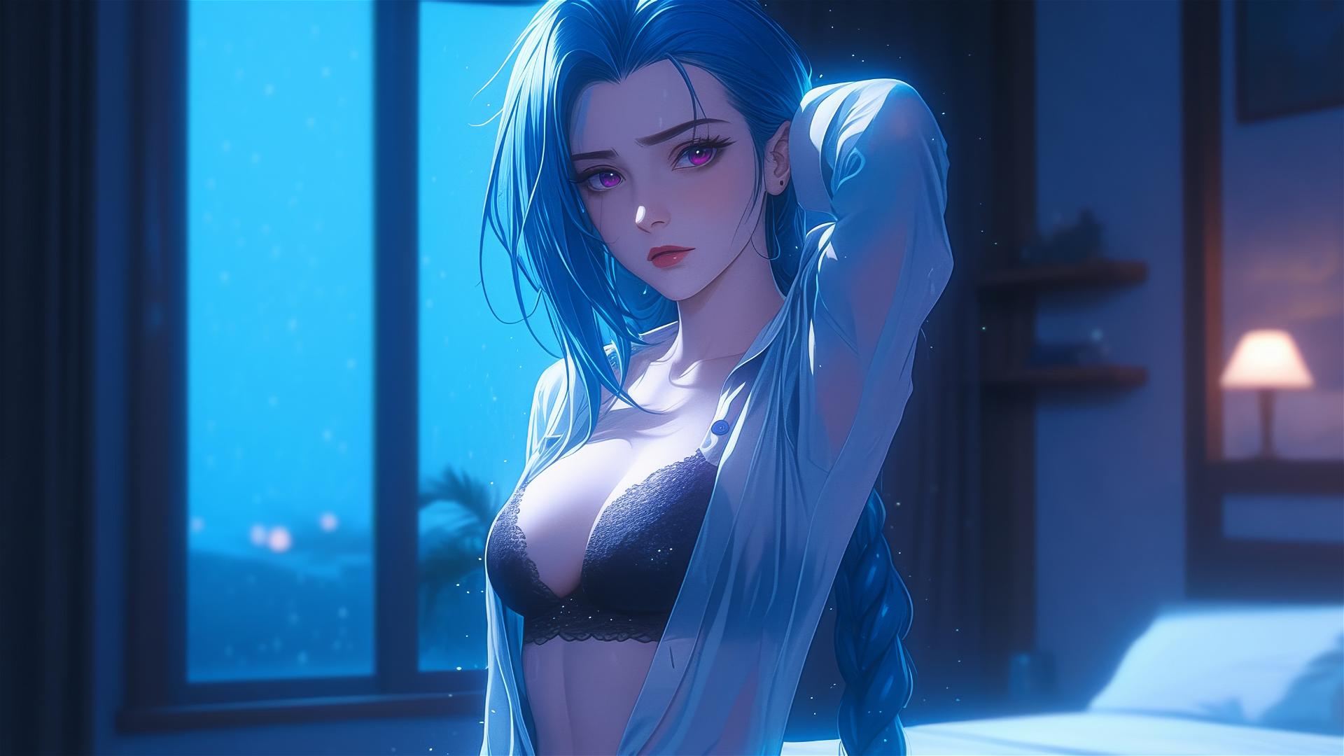 Jinx from League of Legends standing in an apartment, moonlight glow