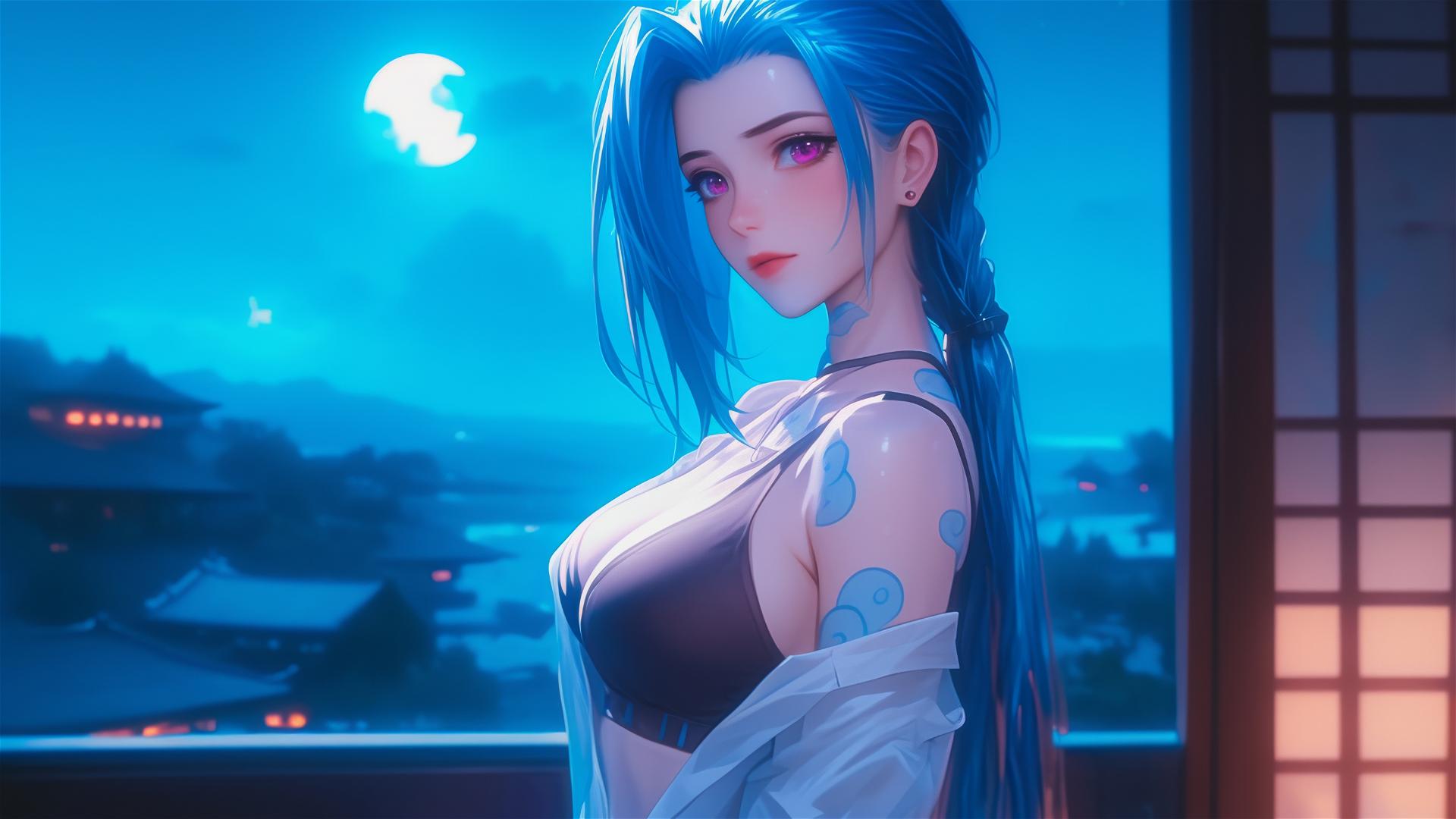 Jinx from League of Legends stands in an apartment under moonlight, in silk pajamas