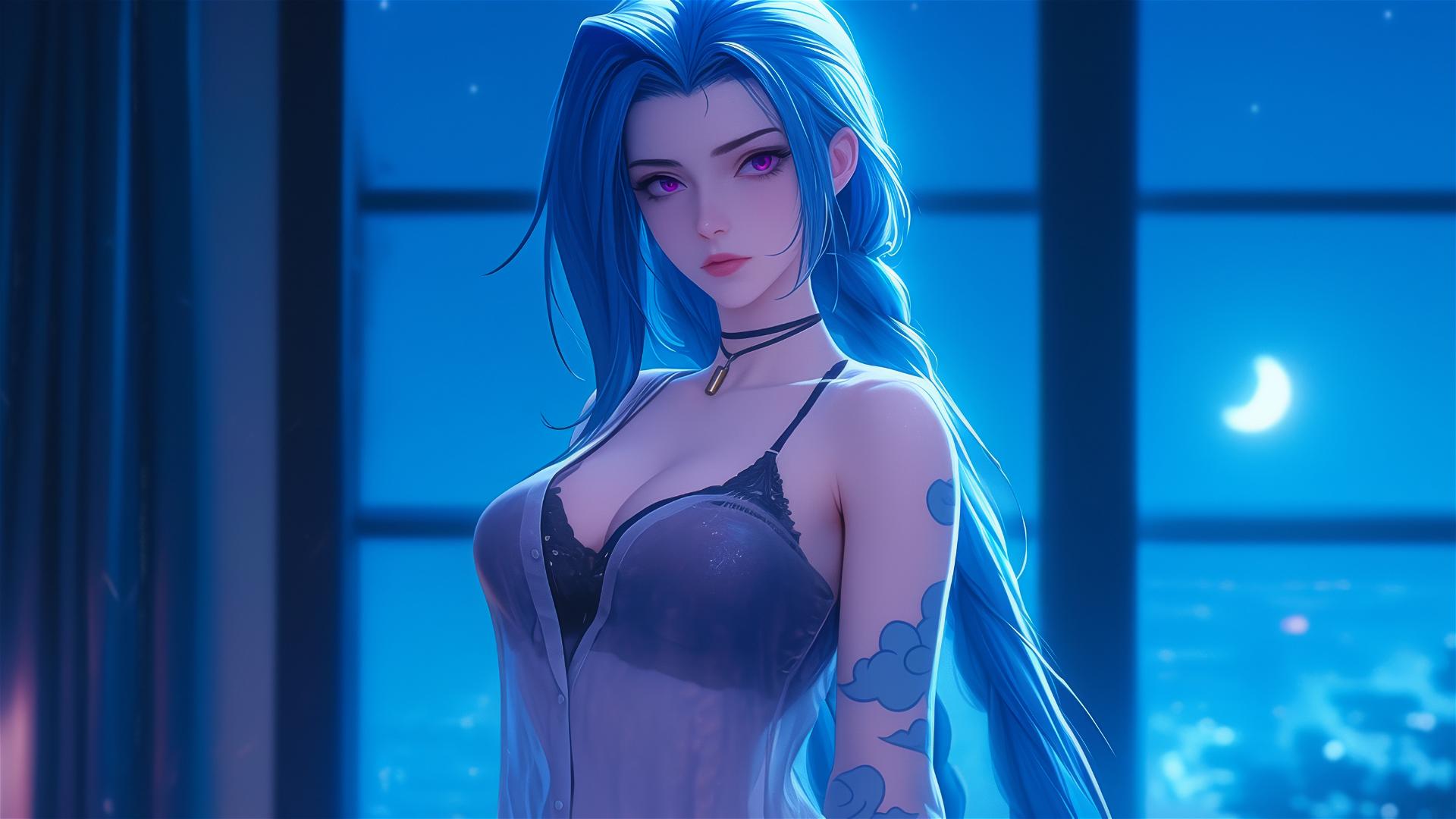 Jinx from League of Legends in silk pajamas, illuminated by moonlight