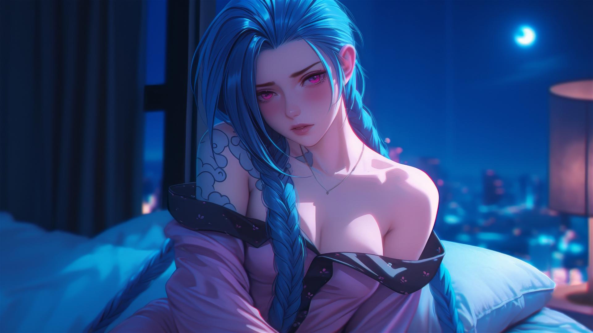 Jinx from League of Legends standing in an apartment under moonlight
