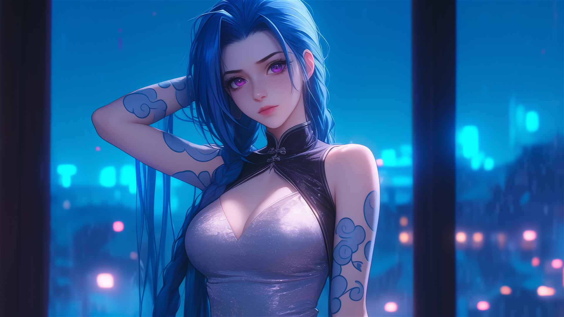 Jinx from League of Legends standing in an apartment under moonlight, with pink eyes, blue hair, and silk pajamas.