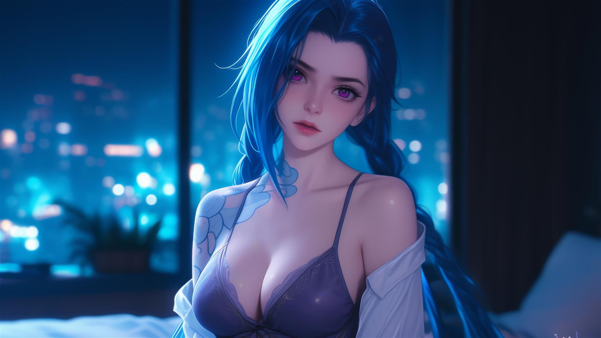 Jinx from League of Legends standing in moonlit apartment