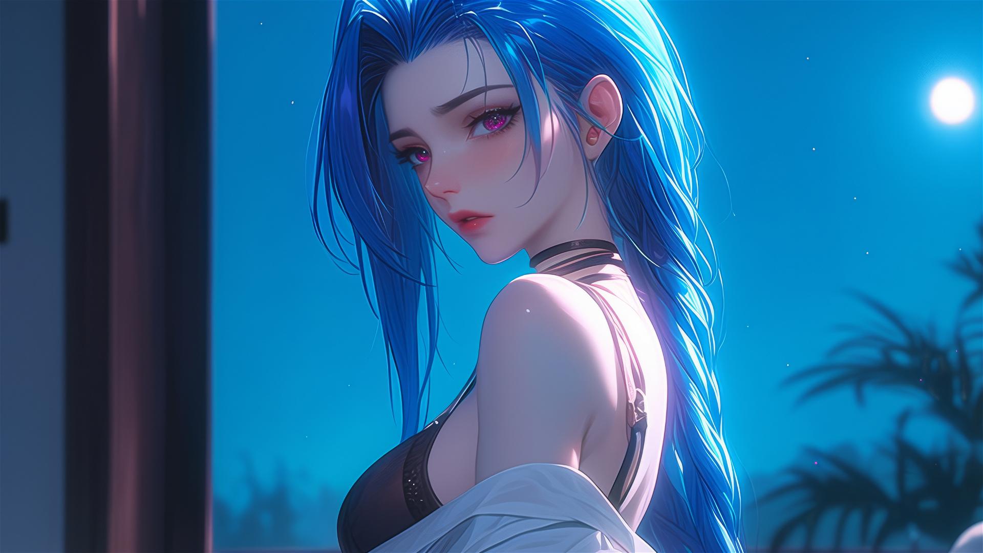 Jinx from League of Legends standing in a moonlit apartment
