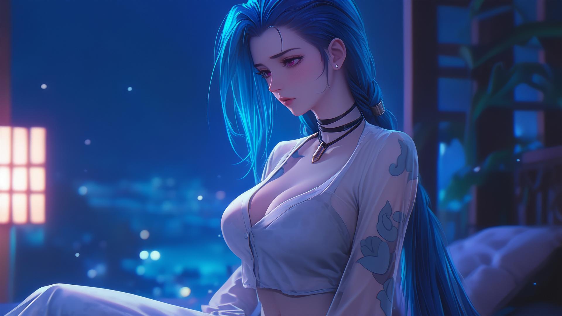 Jinx from League of Legends sitting in moonlit apartment with blue hair