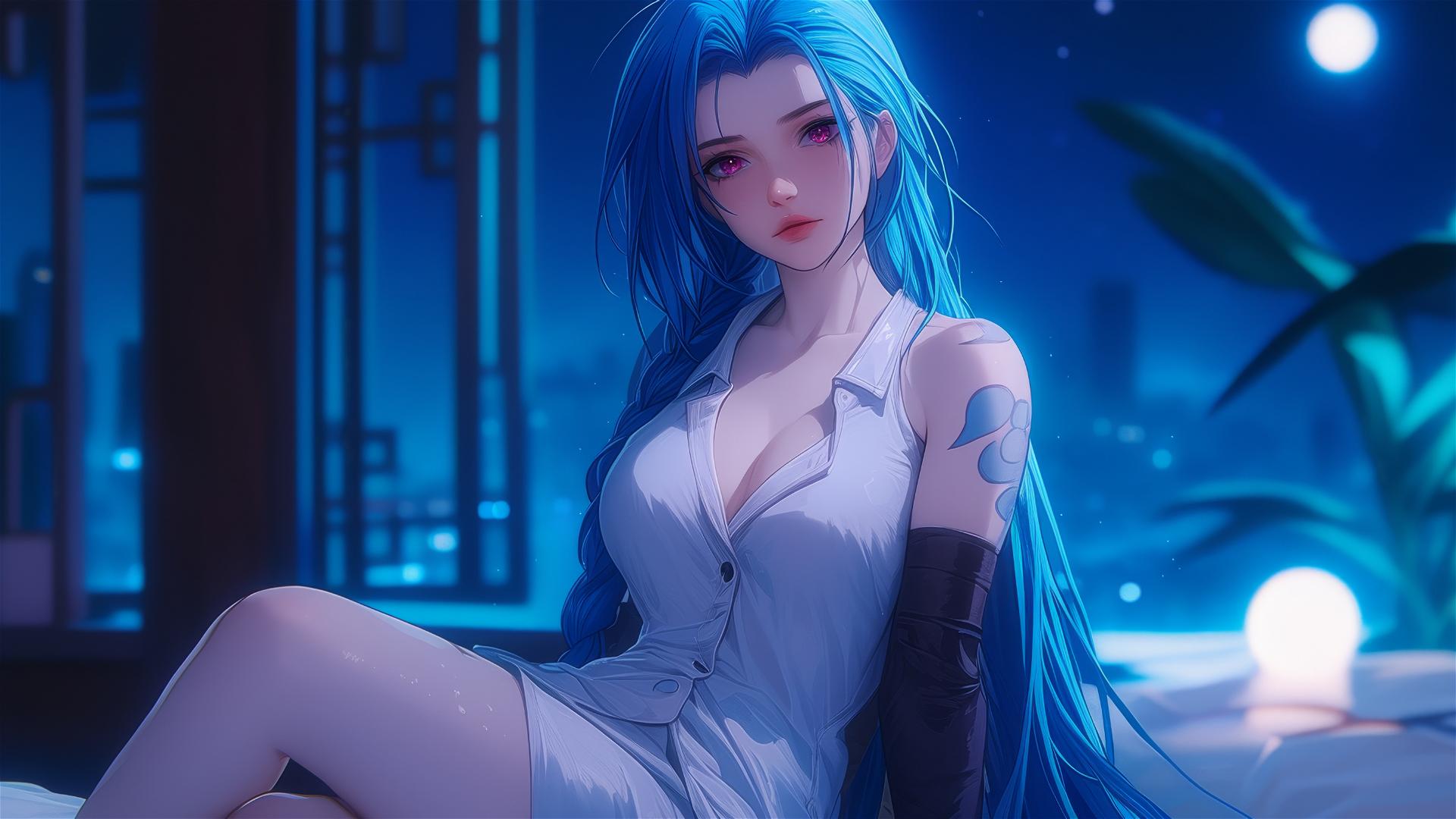 Jinx from League of Legends, seated by the window, bathed in moonlight.