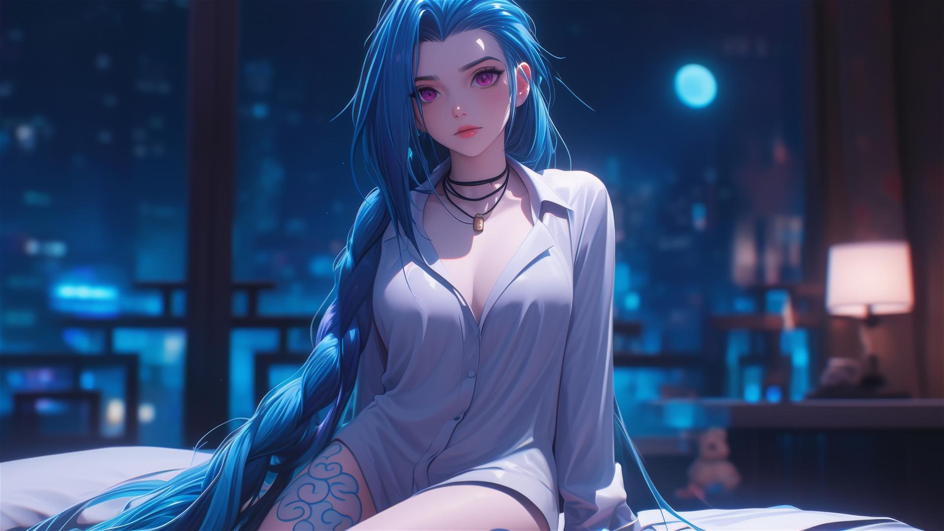 Jinx from League of Legends sitting in an apartment, moonlight glow, pink eyes, blue hair, silk pajamas.