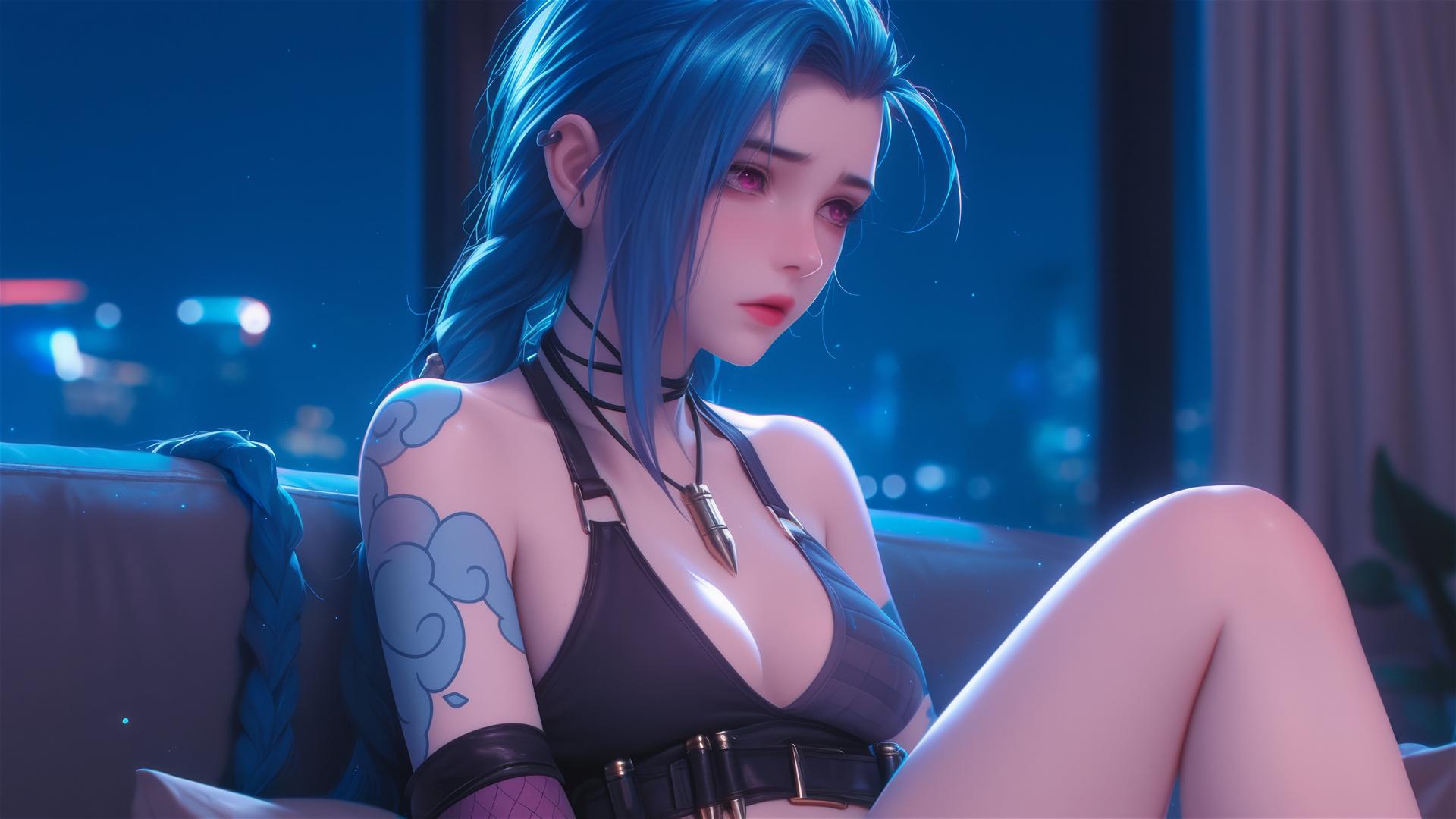 Jinx from League of Legends resting in an apartment under moonlight