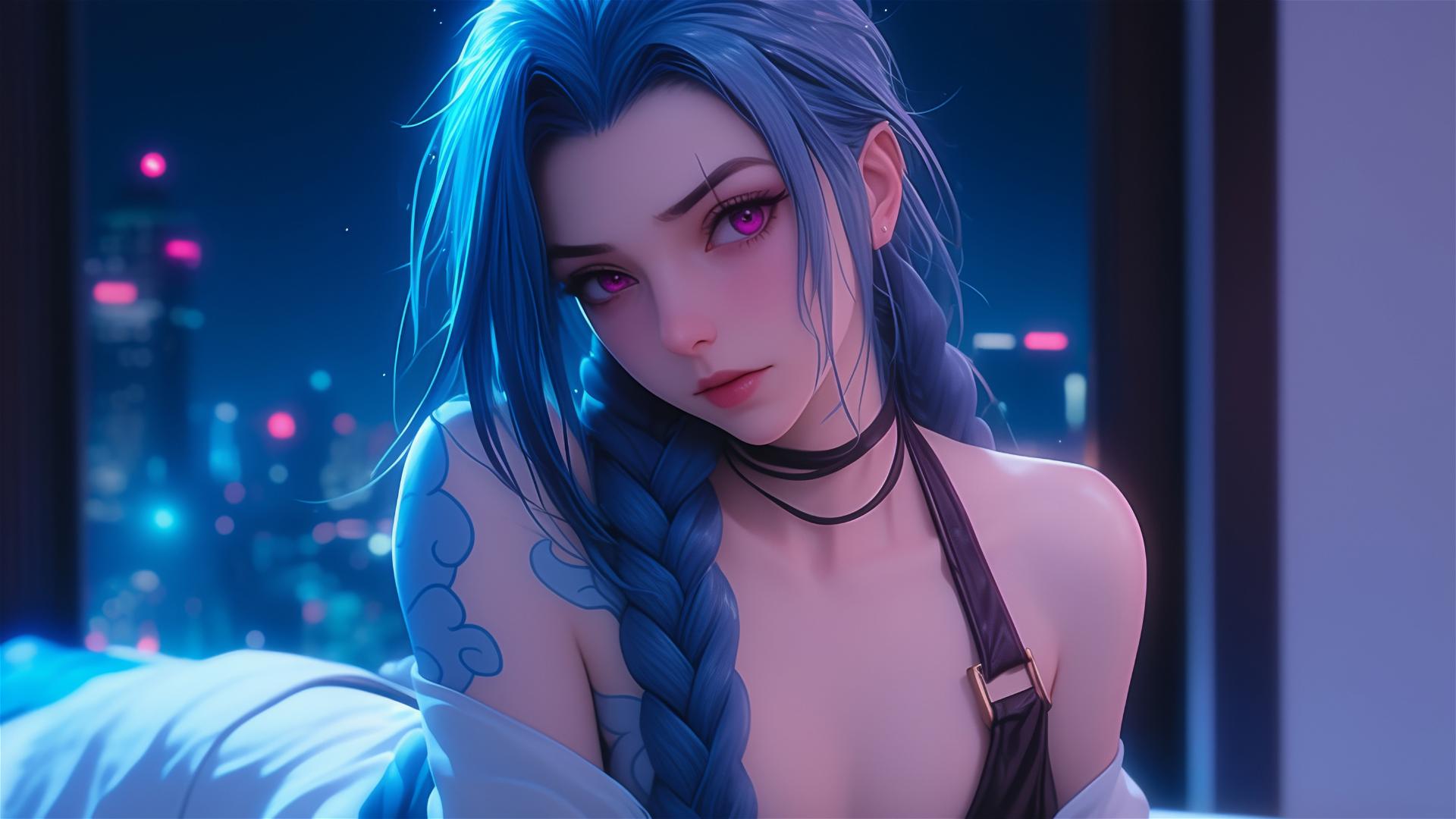 Jinx from League of Legends resting in an apartment with moonlight glow