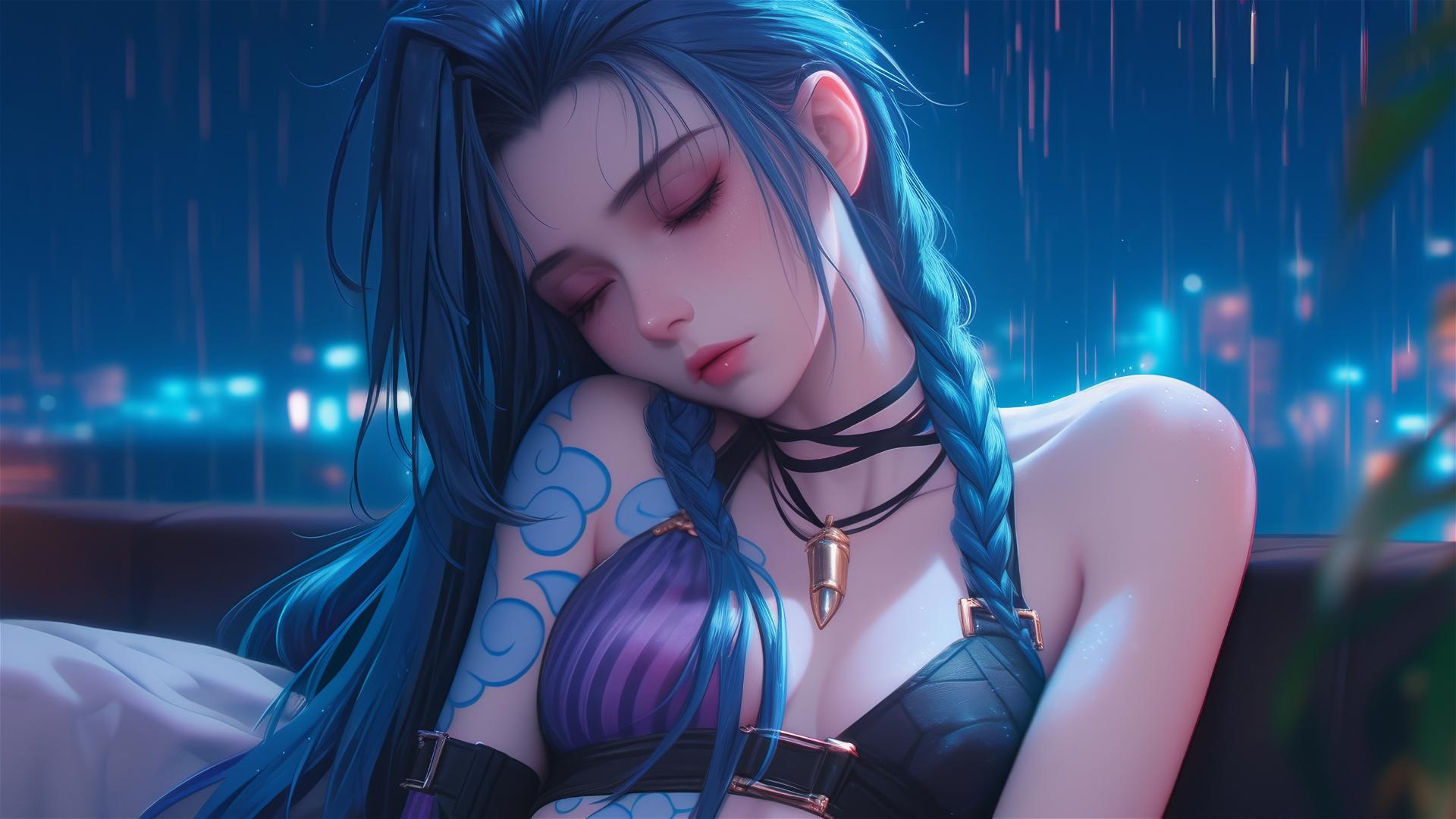 Jinx from League of Legends resting in an apartment under moonlight