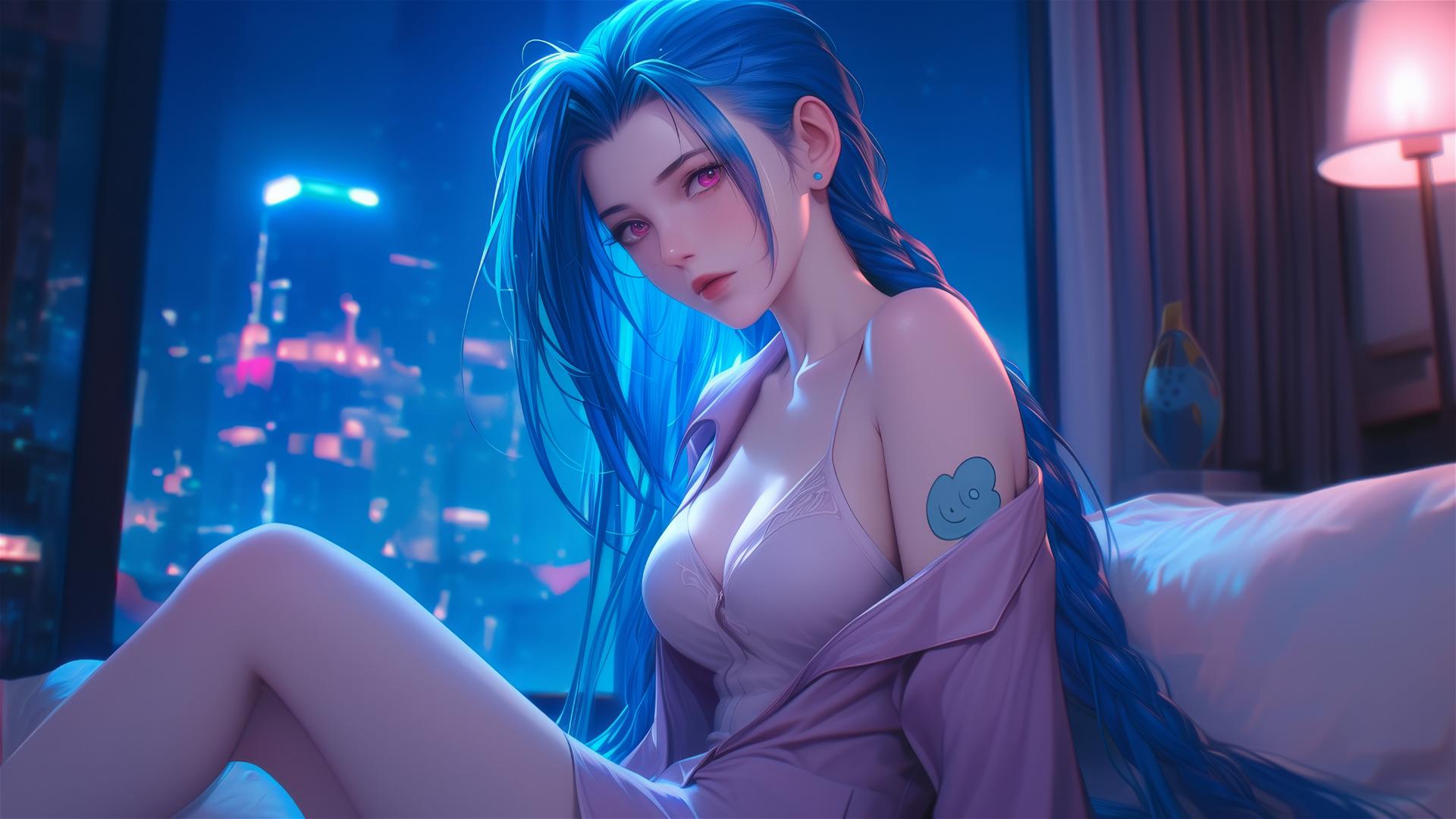 Jinx from League of Legends sits in an apartment illuminated by moonlight.