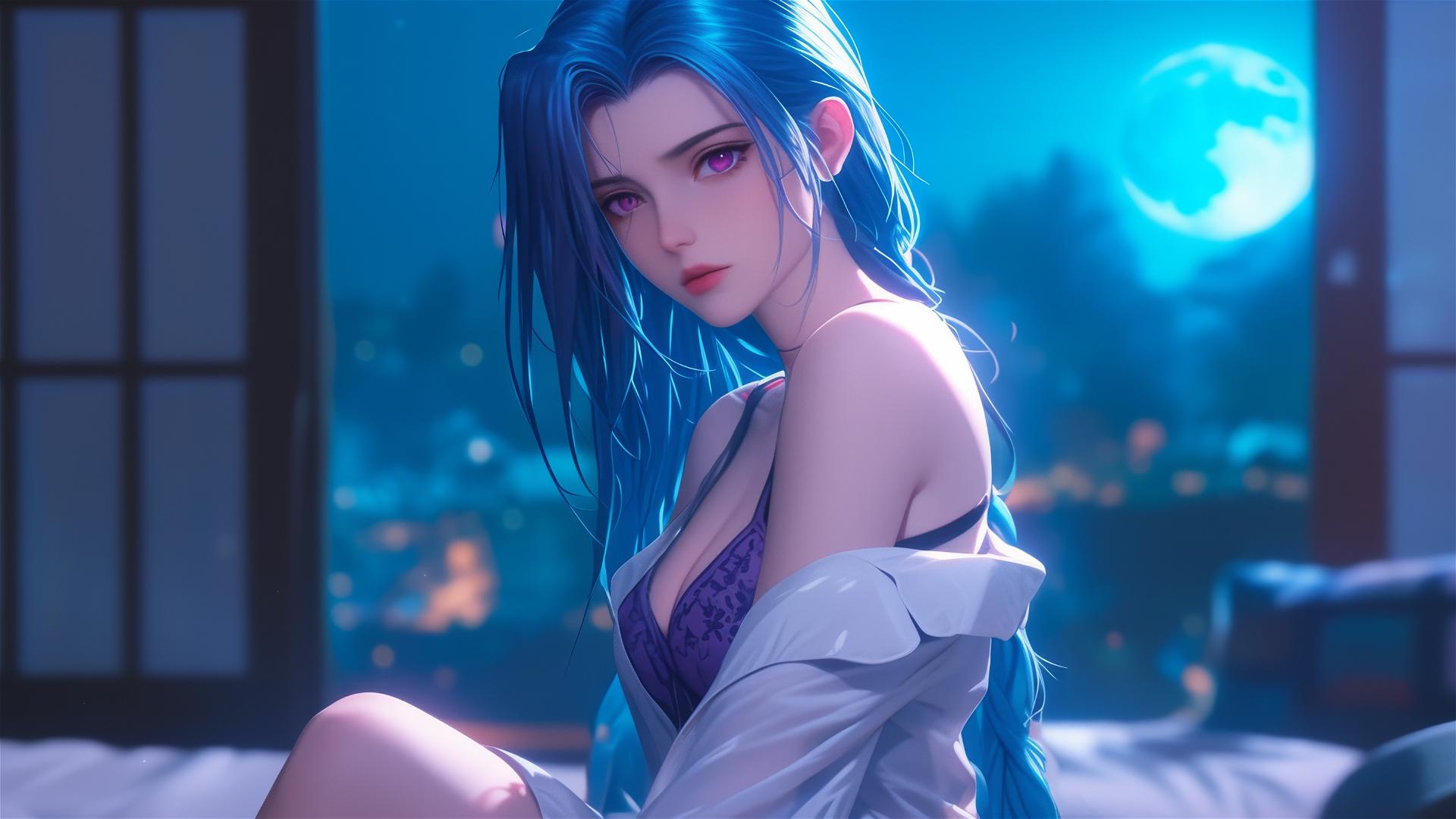 Jinx from League of Legends sitting in an apartment, moonlight glow, pink eyes, blue hair, silk pajamas