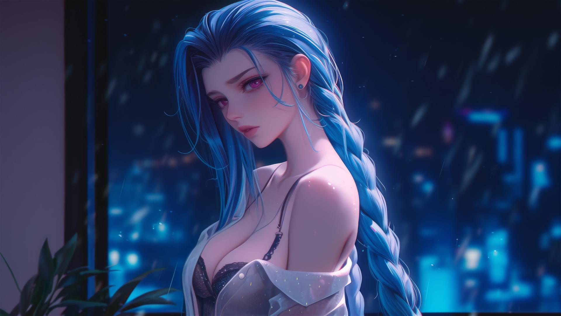 Jinx from League of Legends in silk pajamas under moonlight