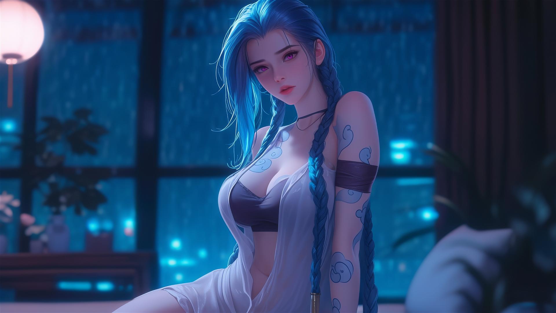 Jinx from League of Legends standing in an apartment with moonlight, pink eyes, blue hair, silk pajamas
