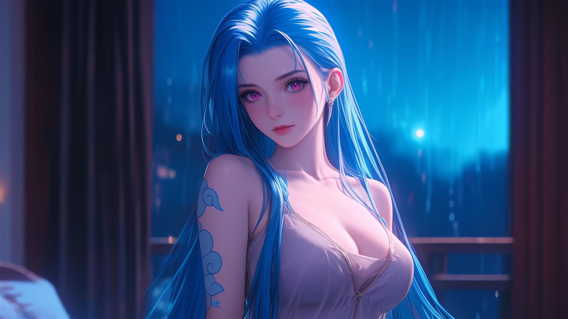 Jinx from League of Legends in silk pajamas, illuminated by moonlight.