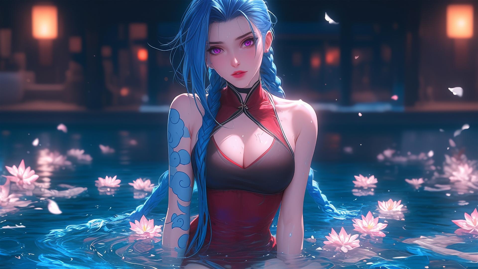 Jinx from League of Legends in a tub full of flowers at a Chinese spa, with pink eyes and blue hair.