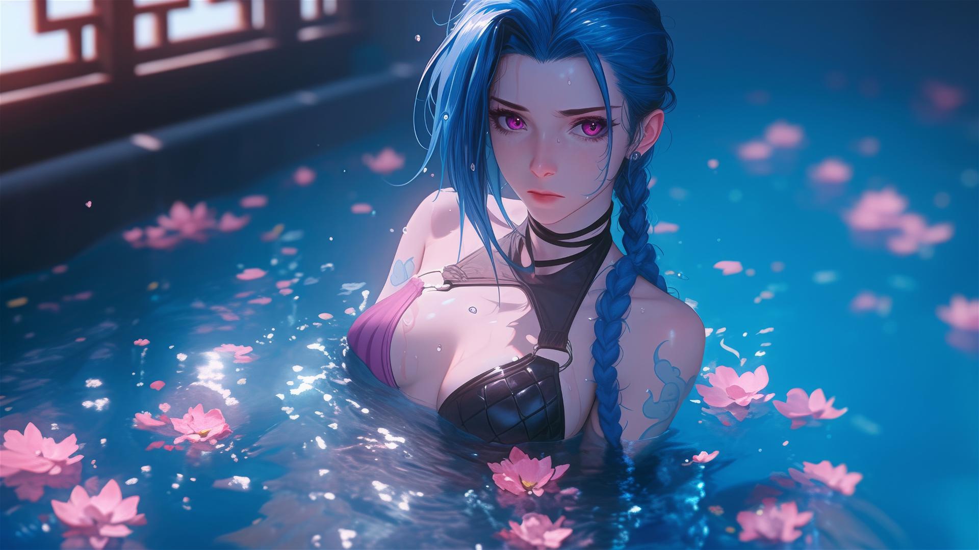 Jinx from League of Legends in tub of flowers in Chinese spa