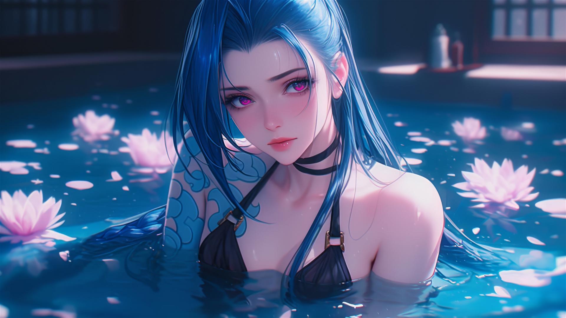 Jinx from League of Legends in a flower-filled tub at a Chinese spa