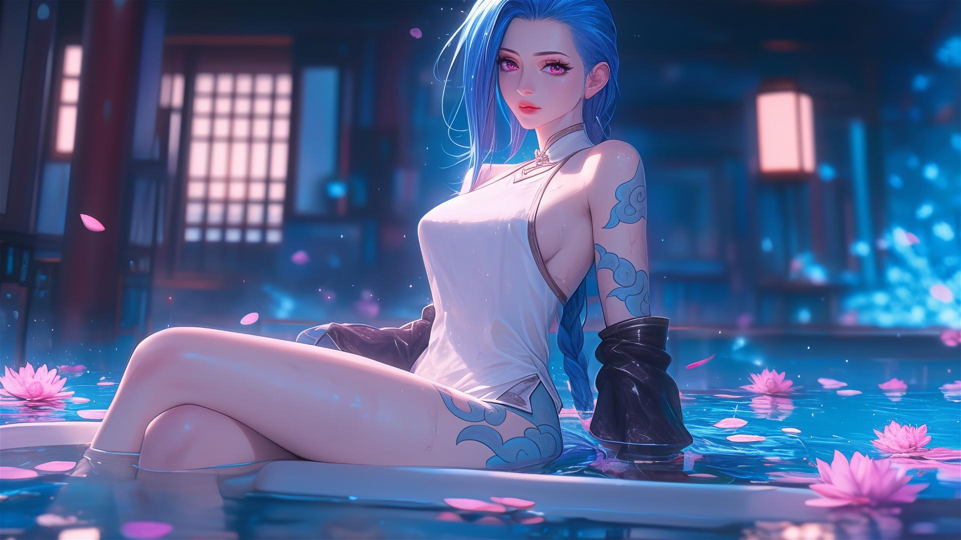 Jinx from League of Legends in a tub full of flowers at a Chinese spa, pink eyes, blue hair.