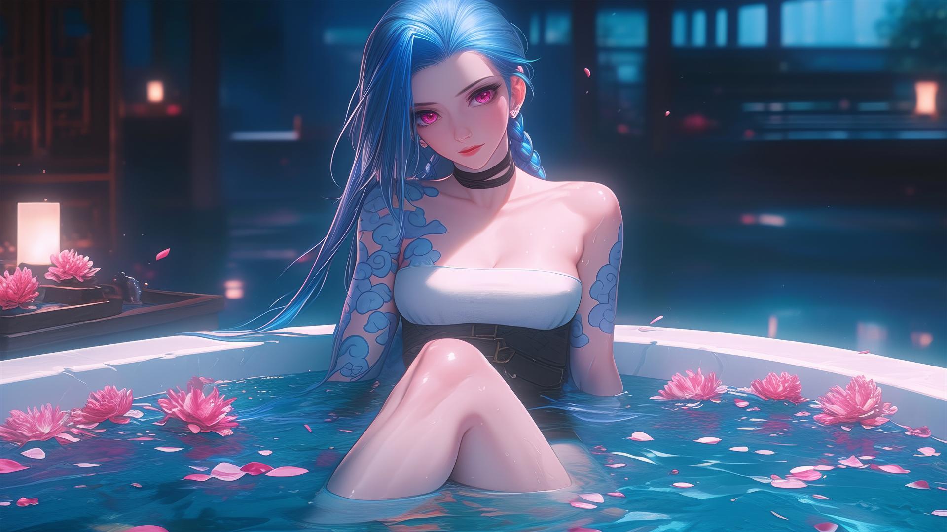 Jinx from League of Legends in a flower-filled tub at a Chinese spa