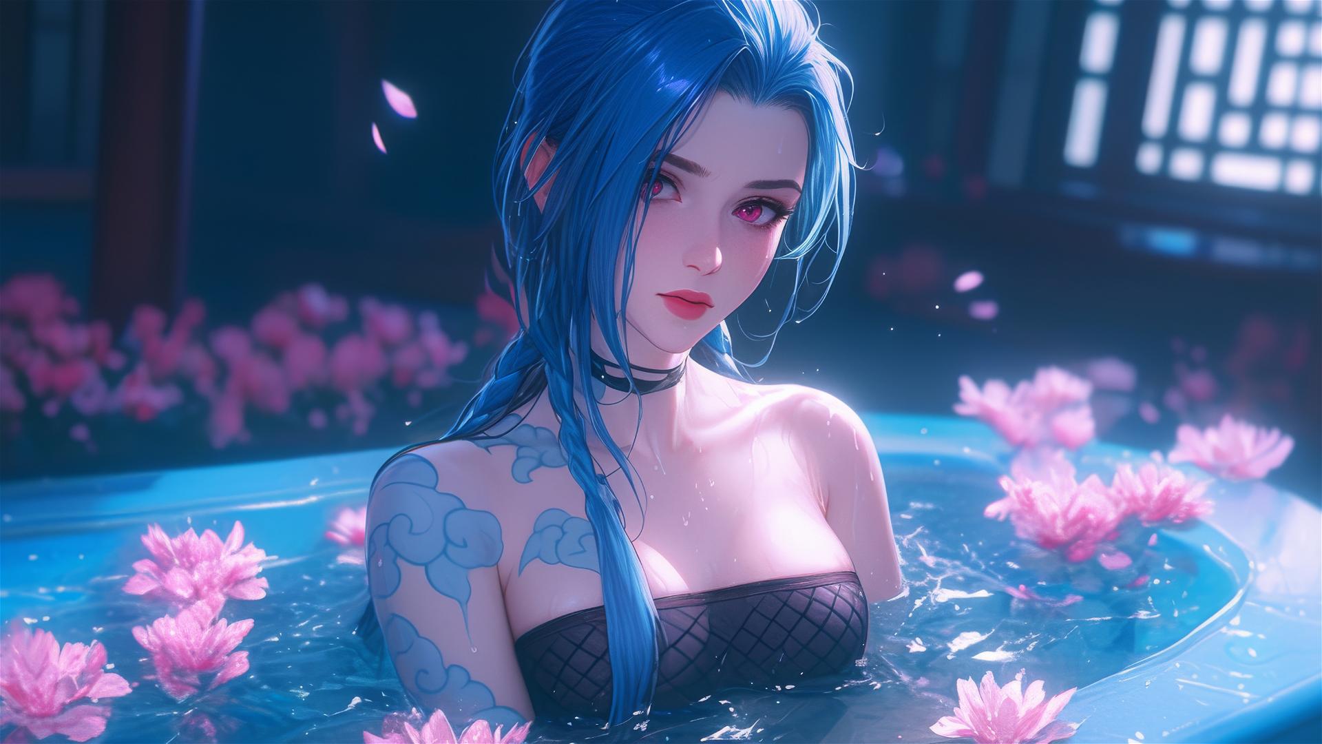 Jinx from League of Legends in flower-filled tub at Chinese spa, pink eyes, blue hair.