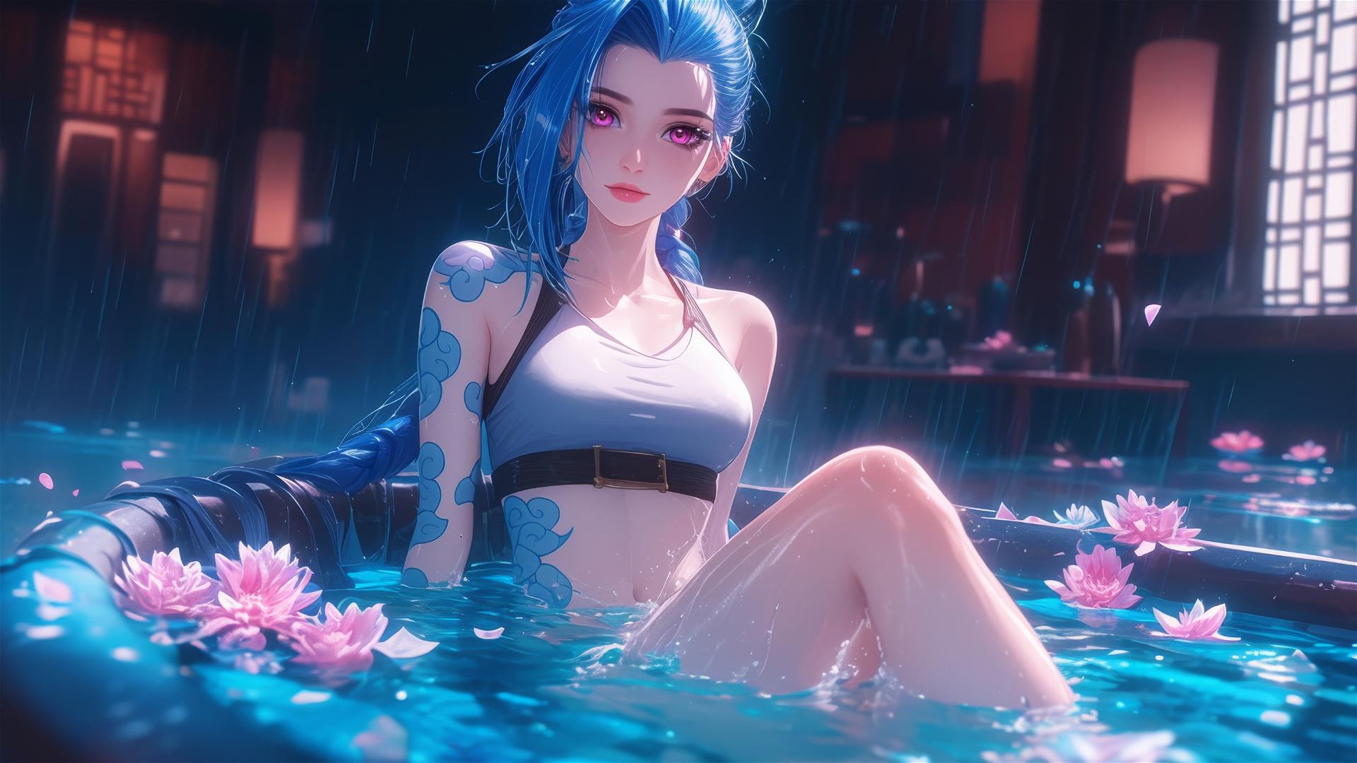 Jinx from League of Legends in a tub of flowers at a Chinese spa
