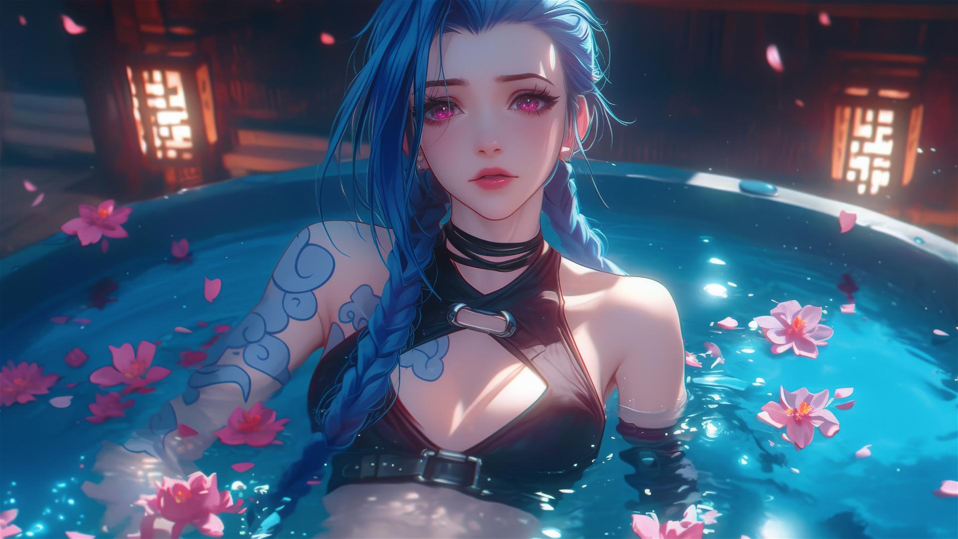 full body shot of Jinx from League of Legends in tub of flowers inside Chinese spa