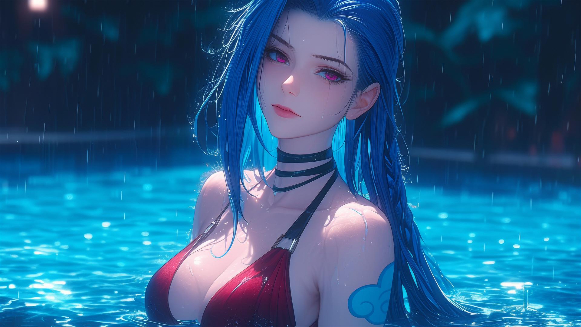 Jinx from League of Legends resting by a rainy swimming pool under moonlight