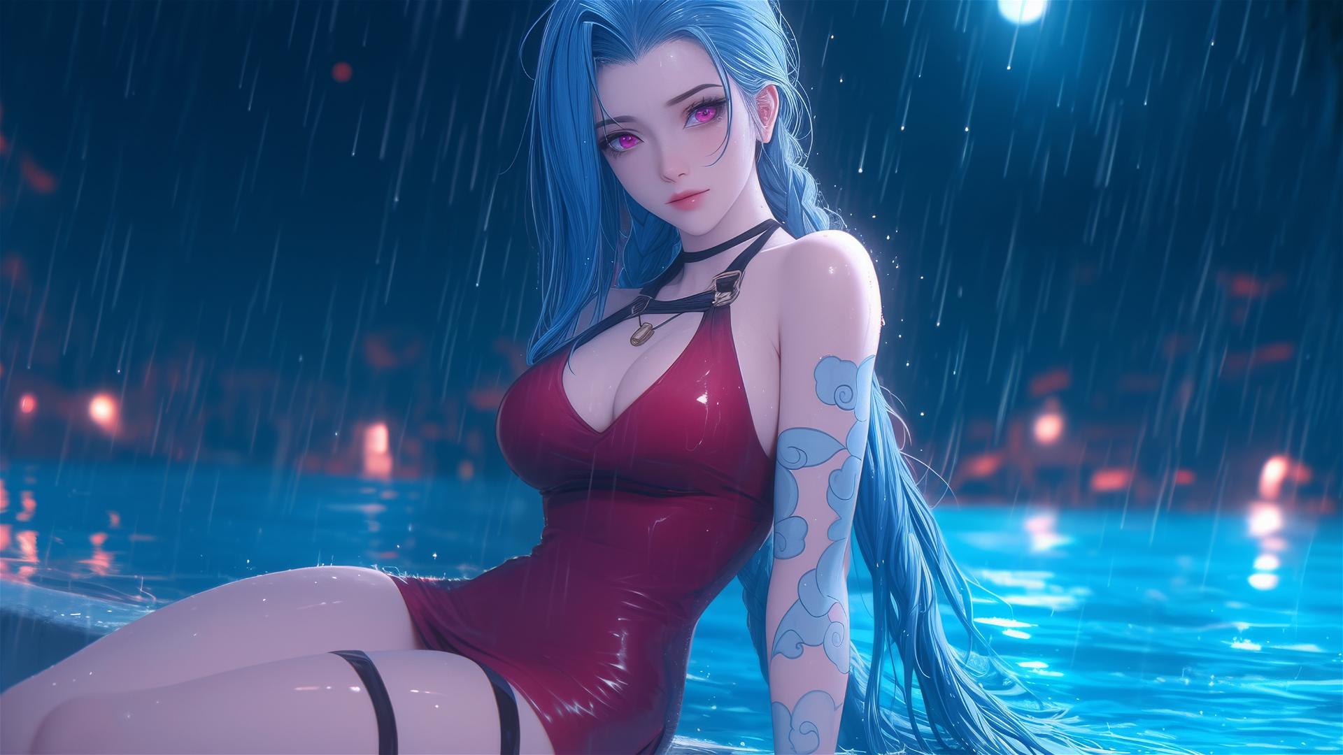 Jinx from League of Legends resting at rainy pool under moonlight