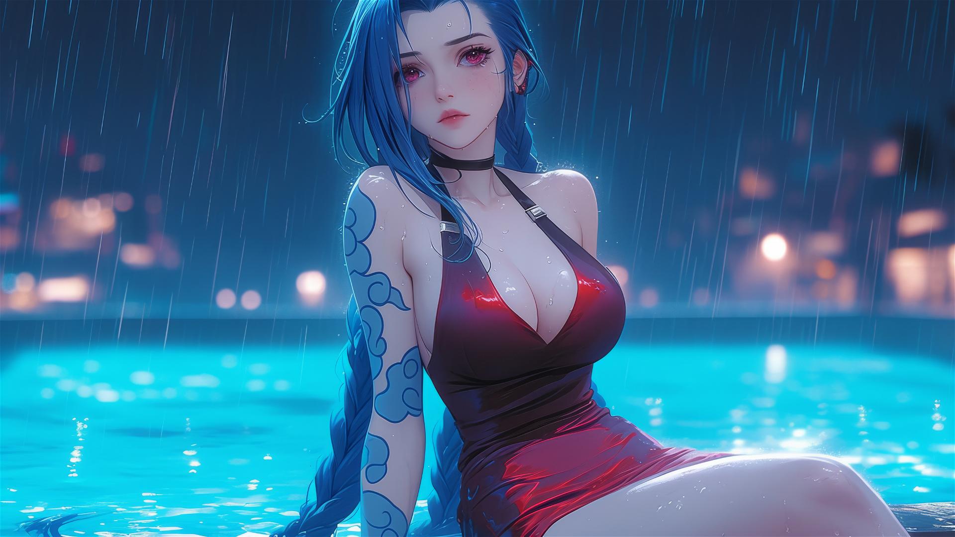 Jinx from League of Legends resting at a rainy swimming pool with moonlight, pink eyes, red dress, and blue hair.