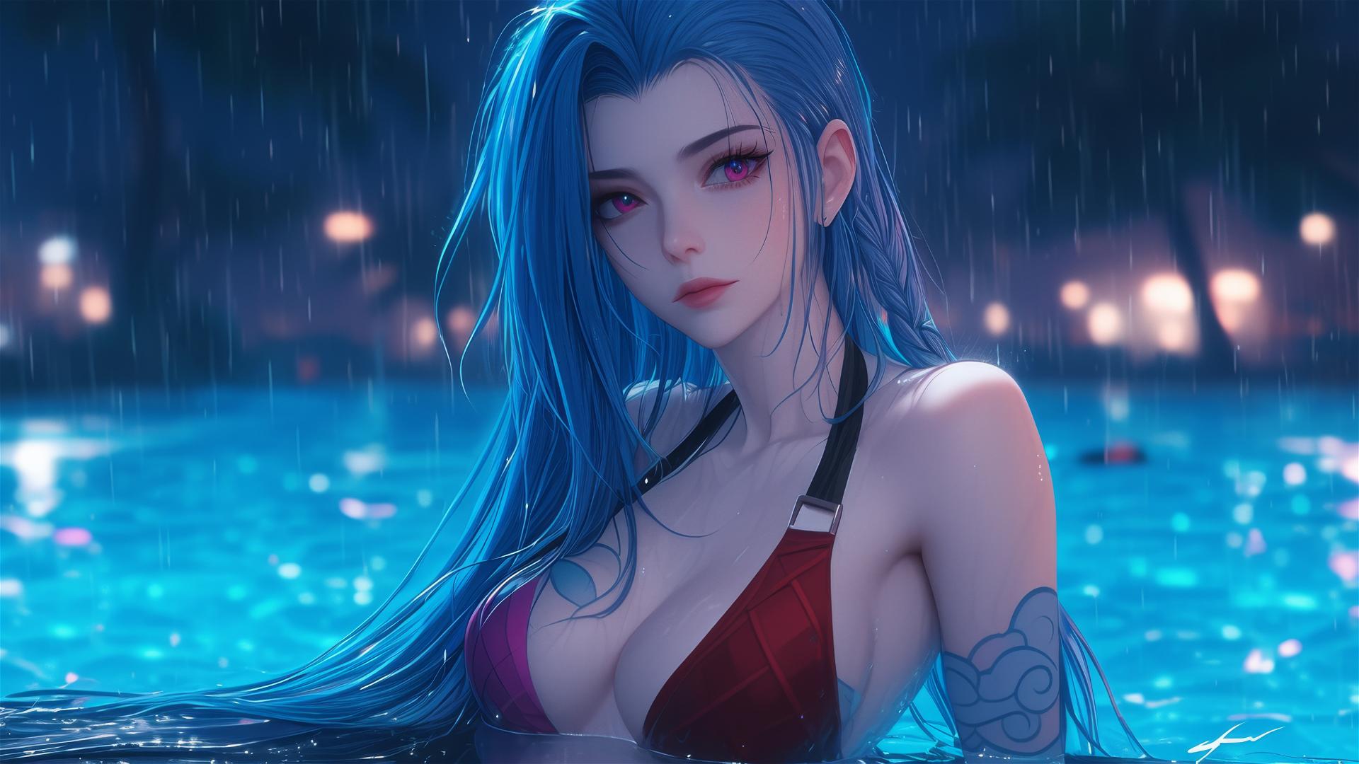 Jinx from League of Legends resting at a rainy swimming pool under moonlight